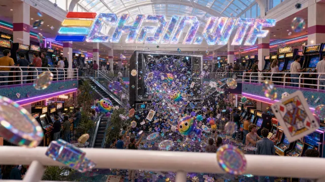 A crowded multilevel arcade seen over a balcony railing
