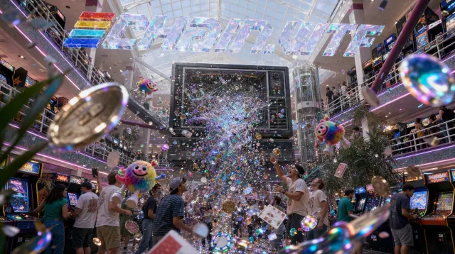 An upward view through an arcade filled with floating objects