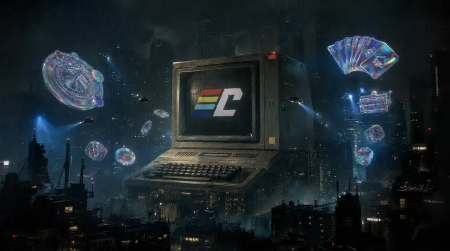 A vintage terminal above a city with floating cards and chips