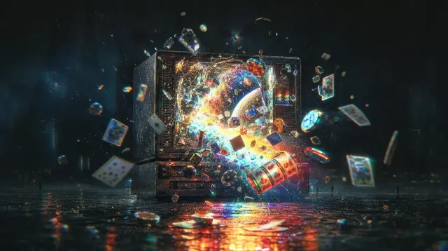 Colorful objects spilling from a screen onto a reflective floor