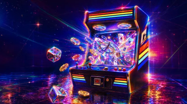 A neon arcade cabinet surrounded by colorful objects in space