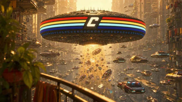 A striped Chain sign above a sunlit city canyon