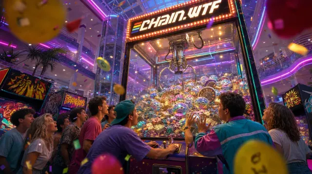 A crowd around a brightly lit claw machine