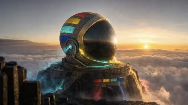 A monumental helmet-shaped structure above a sea of clouds