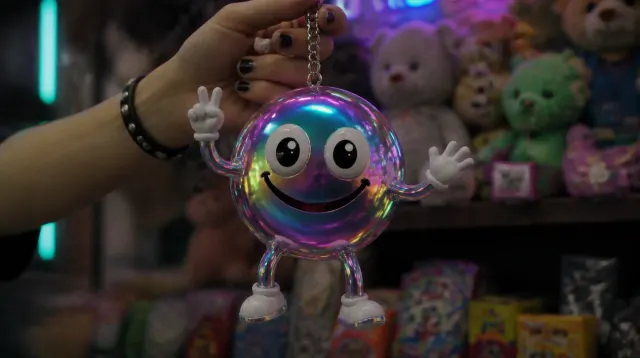 A hand lifting a round iridescent plush prize in an arcade