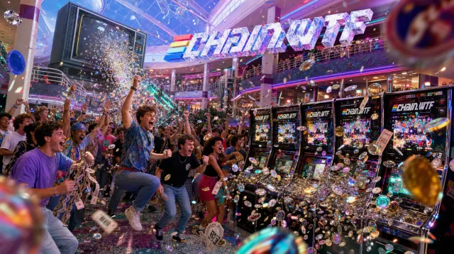 A crowded arcade with a burst of colorful objects