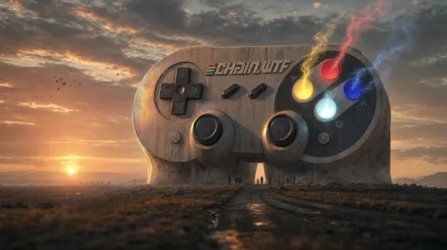 A giant game controller in a rocky landscape at sunset