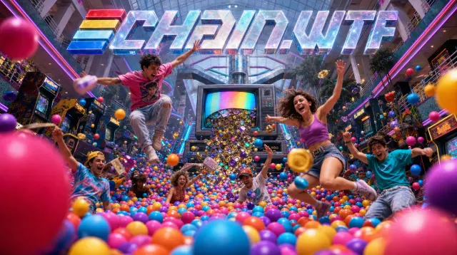 People and colorful balls surrounding a screen in an arcade