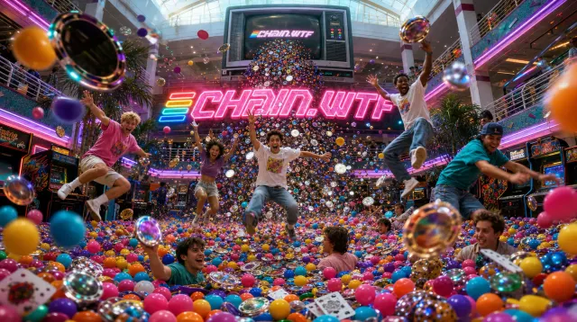 A busy arcade filled with colorful balls and floating objects