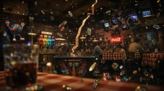 A warmly lit arcade room with floating cards and objects