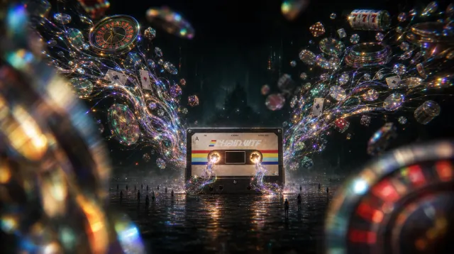 A cassette surrounded by colorful objects against a dark sky