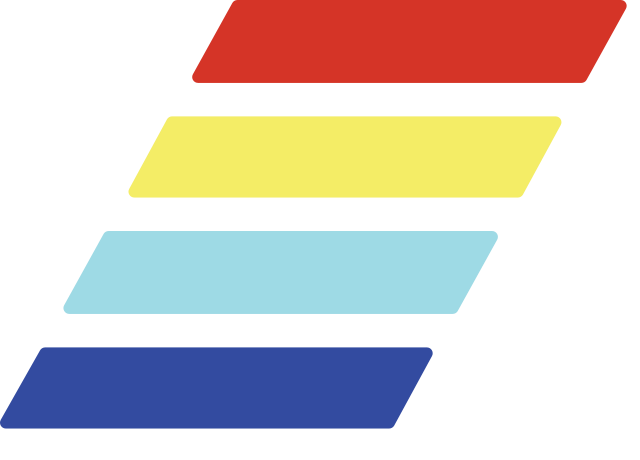 Brand mark, flat colored bars and white lettering